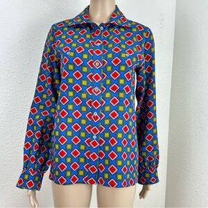 F/W 1985 Saint Laurent  Women Jupe Blouse Size 36 VTG 80s Colorful Blue Geo